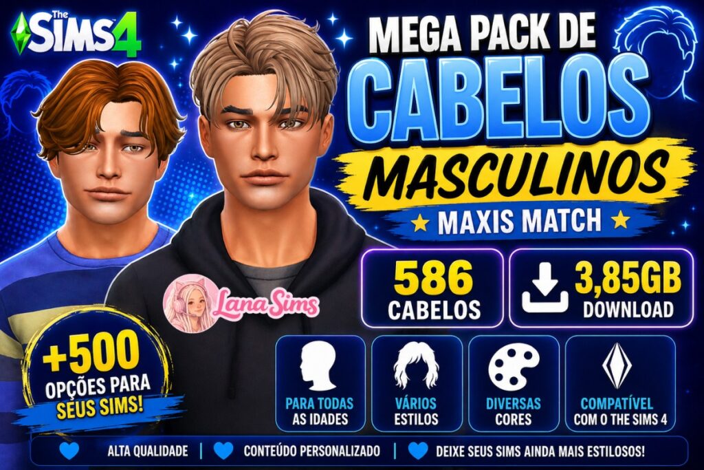 💇♂️ MEGA PACK DE CABELOS MASCULINOS MAXIS MATCH (586 CABELOS) mega pack de cabelos masculinos maxis match